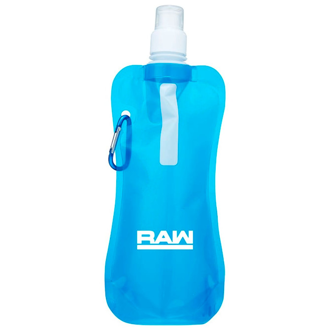A drink bottle in a translucent blue colour with a clear spout and a carabiner attachment. It features a logo.