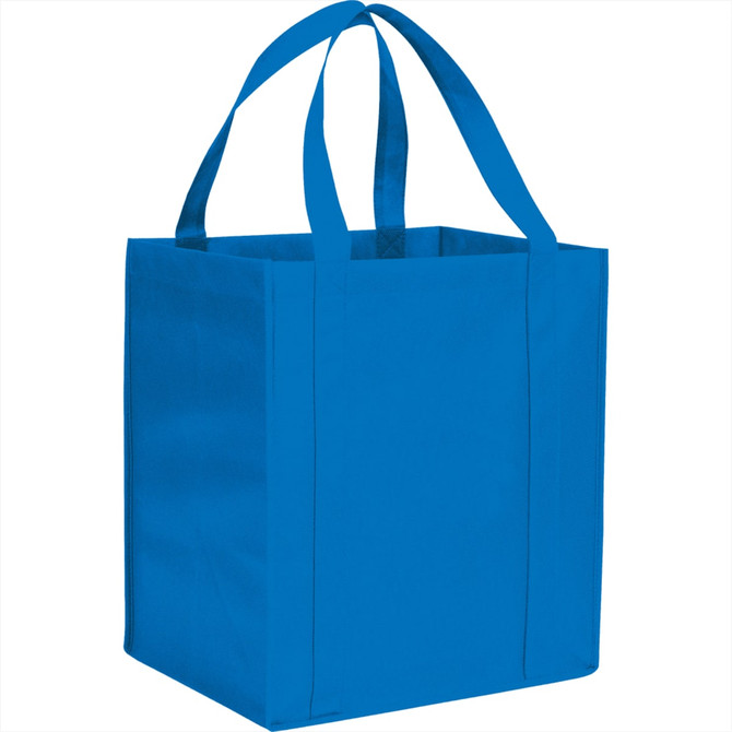 A blue non-woven grocery tote bag with two handles and a square shape. It features a logo.