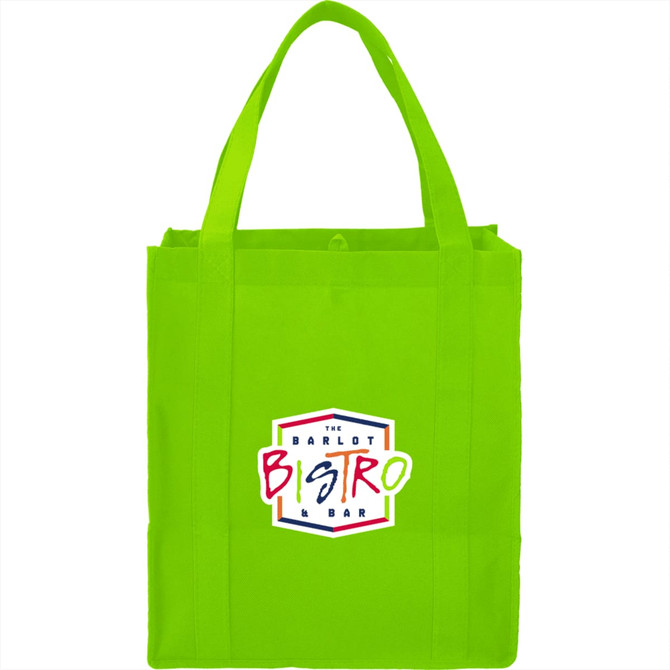 A bright green reusable grocery tote bag featuring dual handles and a logo on the front.