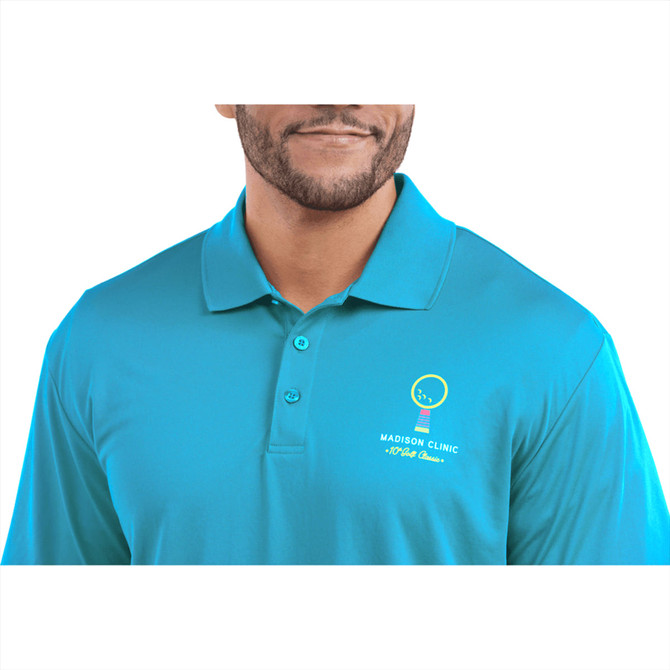 A vibrant turquoise polo shirt for men, featuring a collar and a logo on the chest.