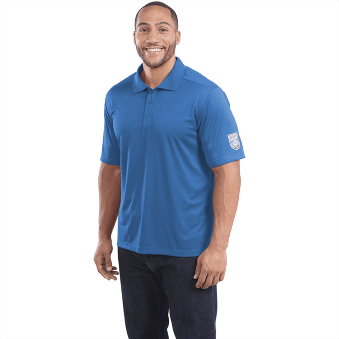 A men's short sleeve polo shirt in blue, featuring a logo on one sleeve.