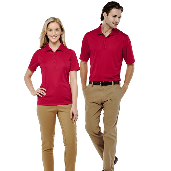 A red short sleeve polo shirt for men is displayed on a model alongside a matching women's version. Both feature a logo.