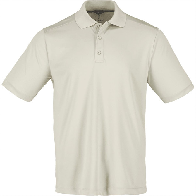 A men's short sleeve polo in a light beige colour, featuring a collar and three buttons, with a logo.
