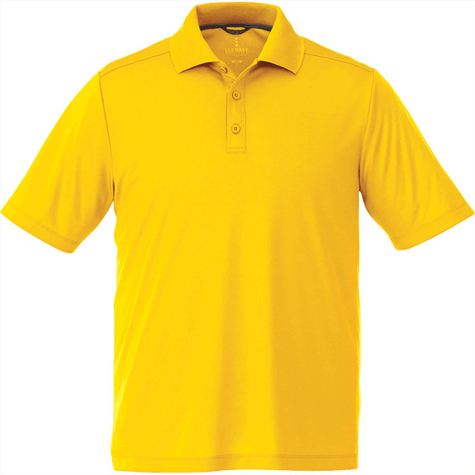 A yellow men's short sleeve polo shirt with a collar and a logo.