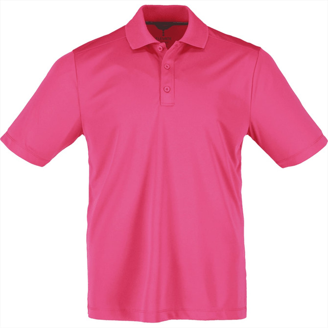 A pink short sleeve polo shirt for men, featuring a collar and three-button placket, with a logo on the chest.