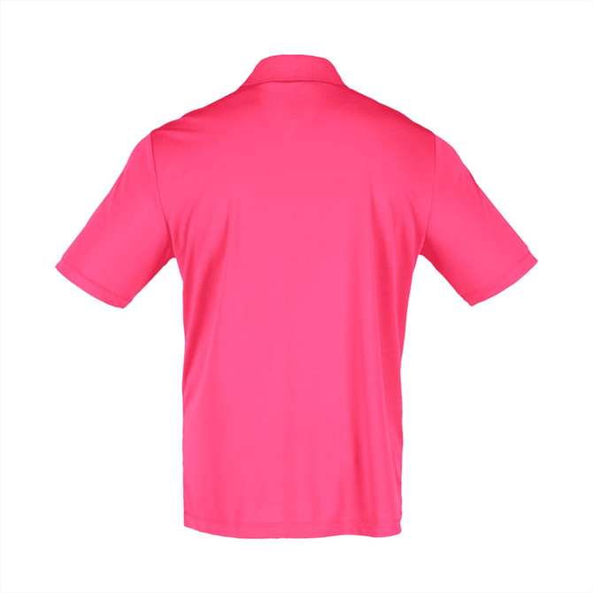 A pink short sleeve polo shirt for men, featuring a classic design and a logo.