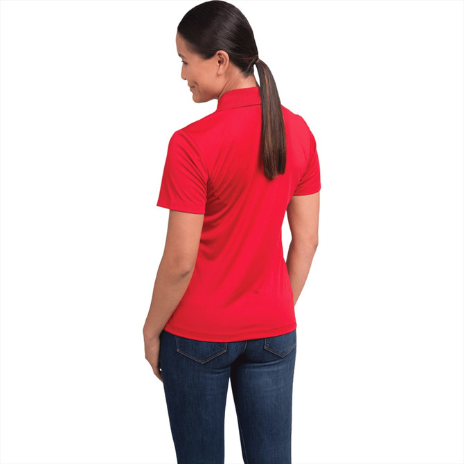 A red women's short sleeve polo shirt with a collar, featuring a logo on the back.