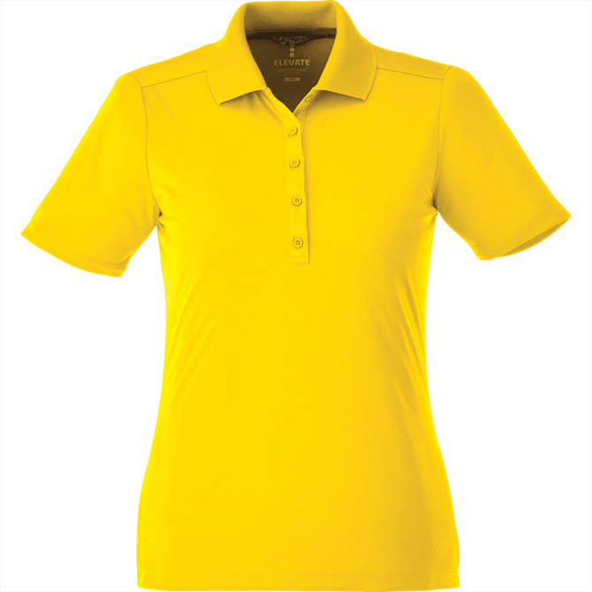 A yellow women's short sleeve polo shirt with a collar and a button front. It features a logo on the chest.