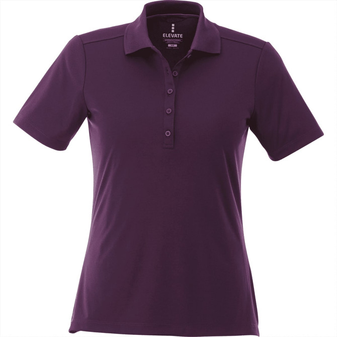 A women's short sleeve polo shirt in a rich purple shade, featuring a collar and buttons, with a logo.