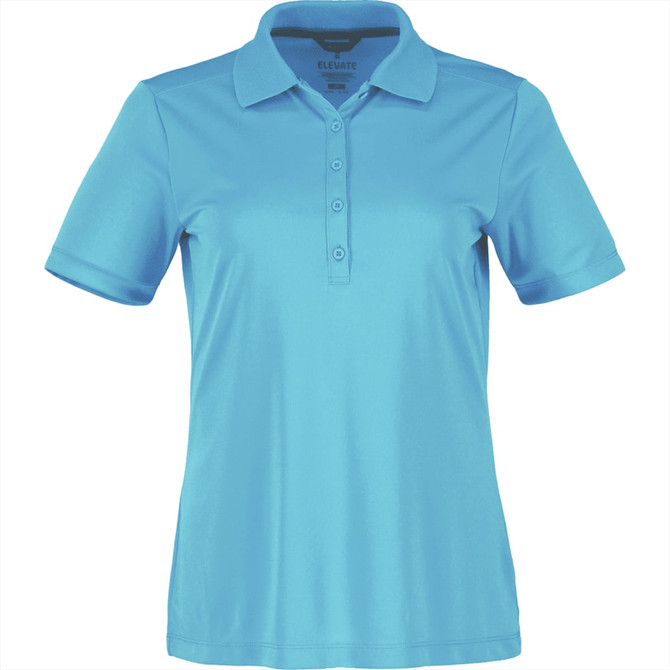 A women's short sleeve polo shirt in a vibrant light blue colour, featuring a buttoned placket and a logo.
