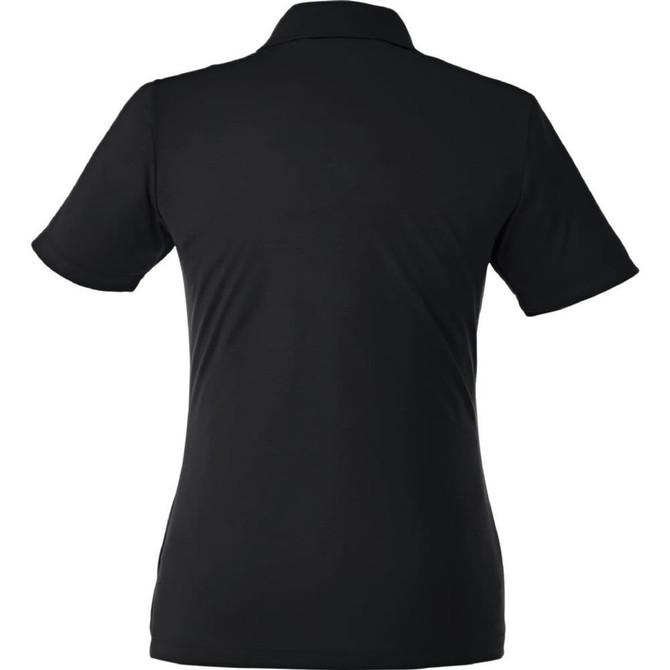 A black women's polo shirt with short sleeves and a collar, featuring a logo. The back view is shown.