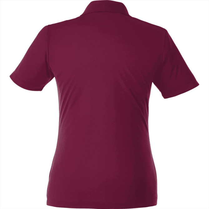 A maroon women's polo shirt with short sleeves and a collar, featuring branding on the back.