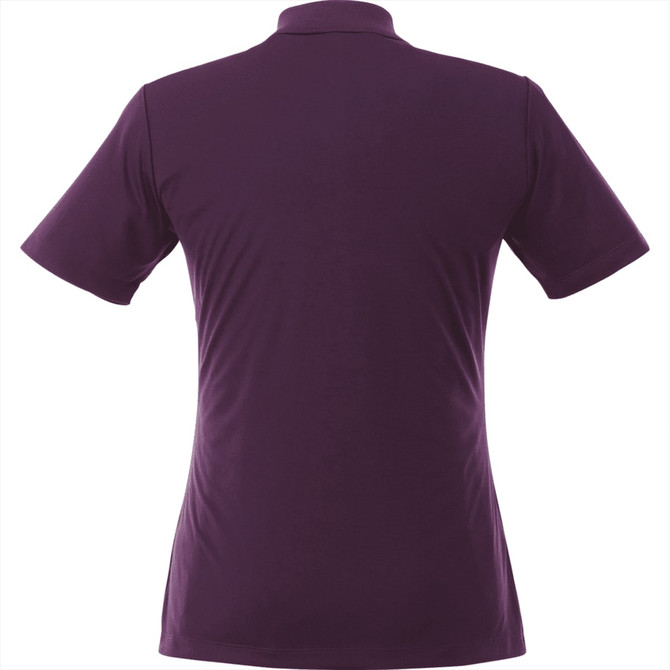 A women's short sleeve polo shirt in a rich purple colour, featuring a collar and a branded logo.