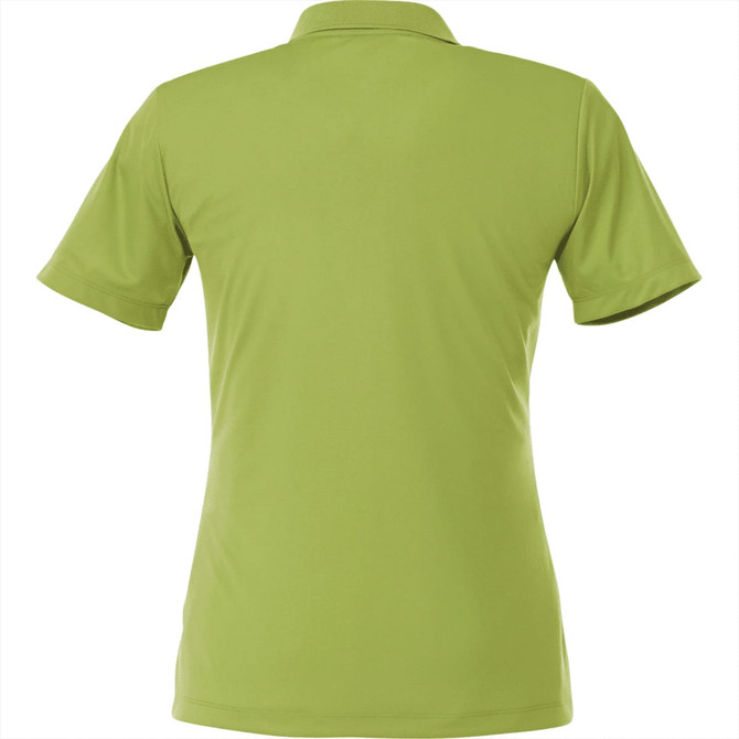 A women's short sleeve polo in a vibrant green colour, featuring a collar and a logo.