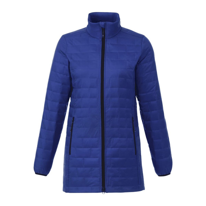 A lightweight, insulated puffer jacket in blue with a zip front and side pockets. Features a logo on the chest.