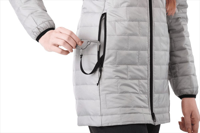 A lightweight, packable insulated puffer jacket in light grey, featuring zipped pockets and a logo.
