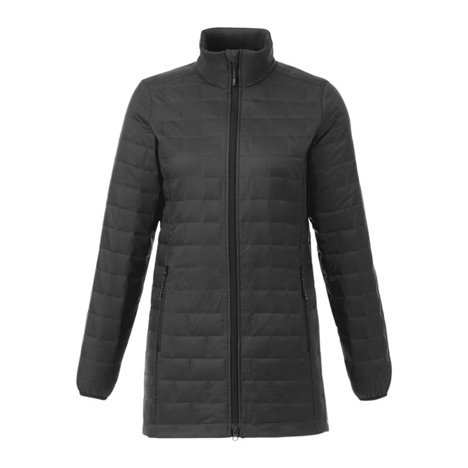 A women's lightweight packable insulated puffer jacket in black, featuring a high collar and zip closure.