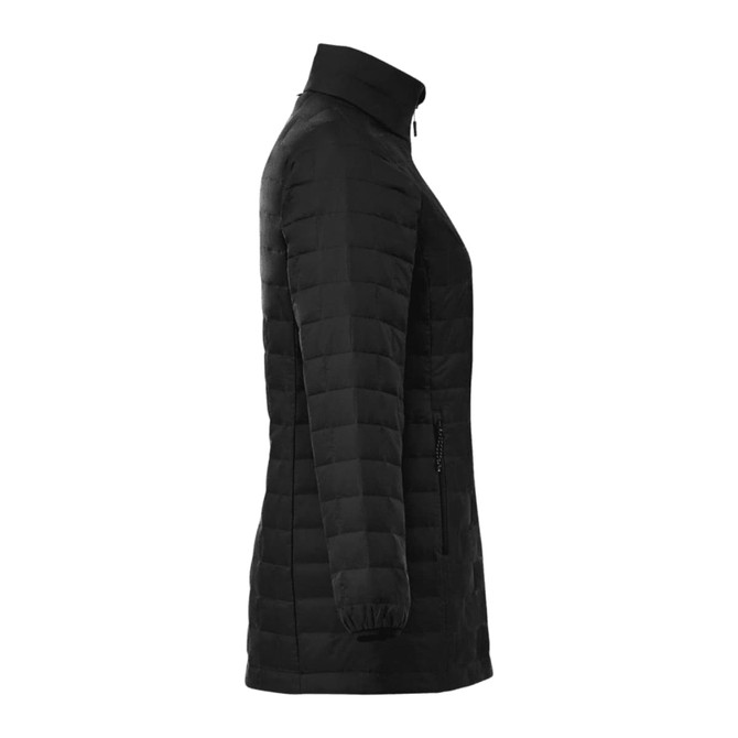 A lightweight packable insulated puffer jacket in black, featuring a high collar and zippered pockets.