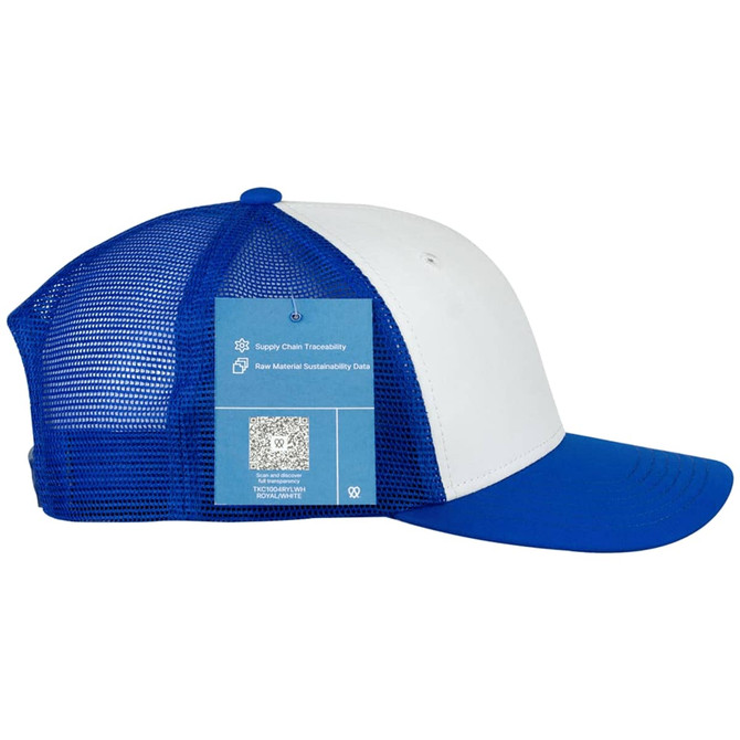 A Turbine Trucker Cap featuring a blue and white design with a mesh back and a branding tag.