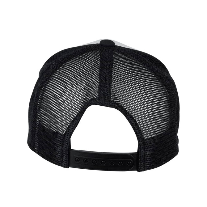 A black and grey trucker cap featuring a mesh back and adjustable snap closure. Contains a logo on the front.