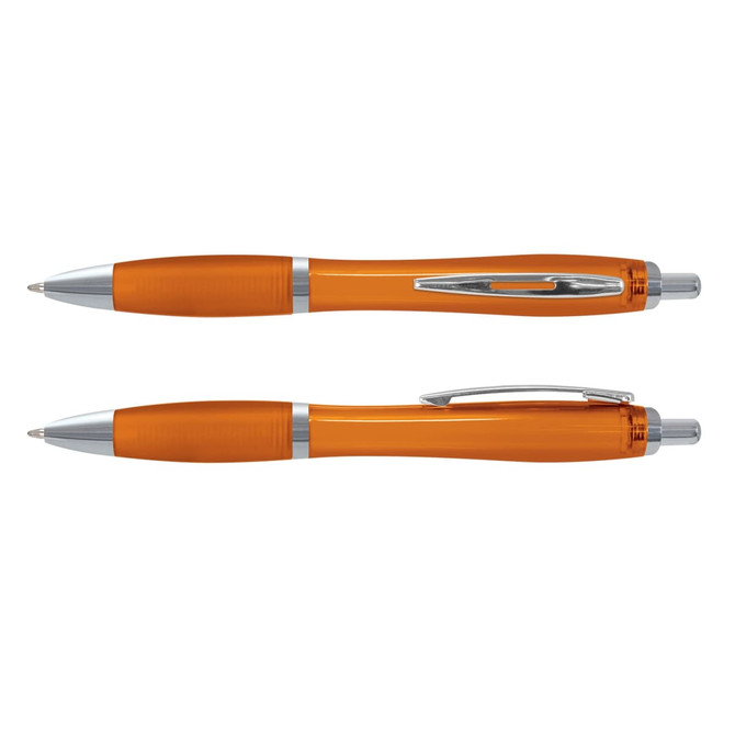 A set of Vistro Pens in a translucent orange color, featuring silver accents and a streamlined design.