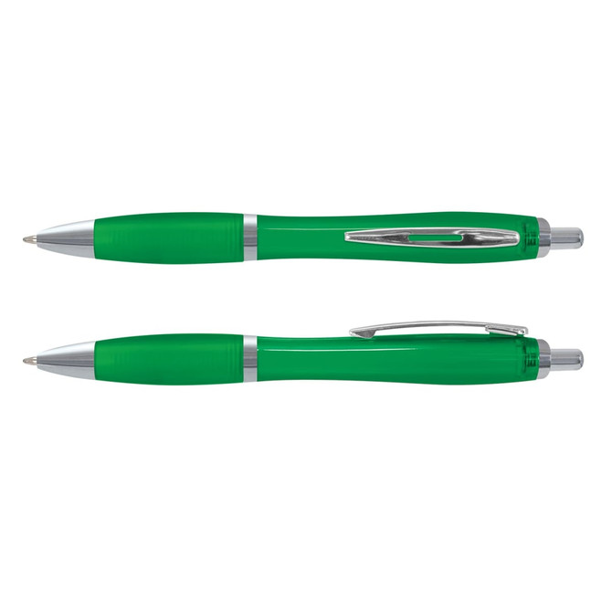 A translucent green plastic pen with a silver clip and trim, displayed from two angles.