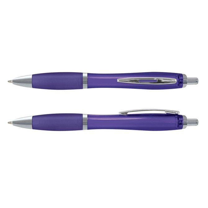 A translucent purple pen with silver accents, featuring a sleek design and a clip. Includes two views of the pen.
