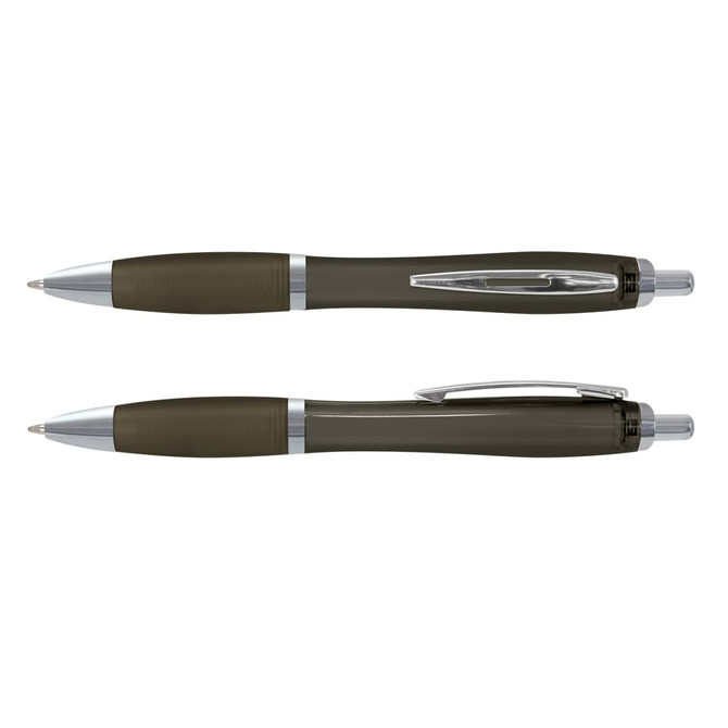 A translucent plastic pen in olive green, featuring silver accents and a clip. The image displays two views of the pen.