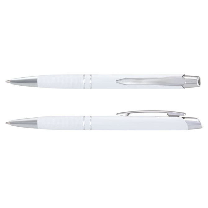 A white metal pen featuring a textured grip and chrome accents, displayed from two angles. It has a logo on the body.