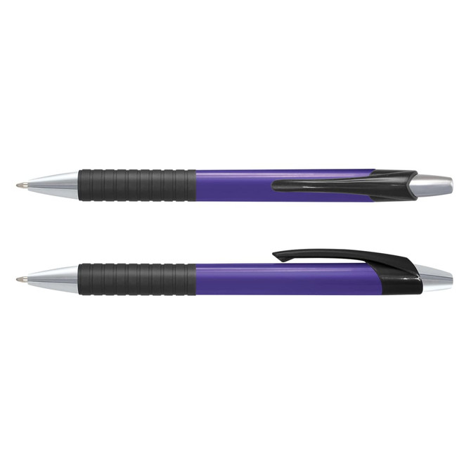 A set of plastic pens featuring a purple barrel and black grips, with silver accents and a logo.