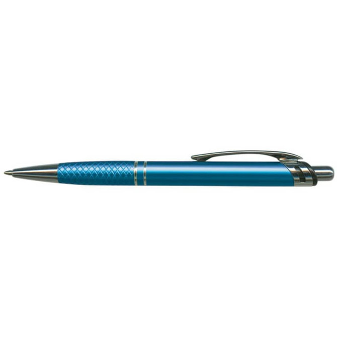 A blue metal pen with a textured grip and a silver clip. It features a logo on the side.
