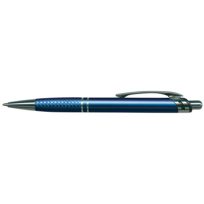 A metal pen in a vibrant blue colour with a textured grip and a silver clip, featuring branding.