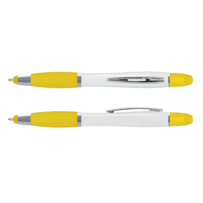 A multi-function pen in white and yellow, featuring a silver clip and ends. The pen has a sleek, modern design.