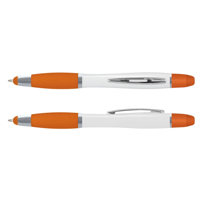 A multi-function pen with a white body and orange rubber grips, featuring a clip and chrome accents.