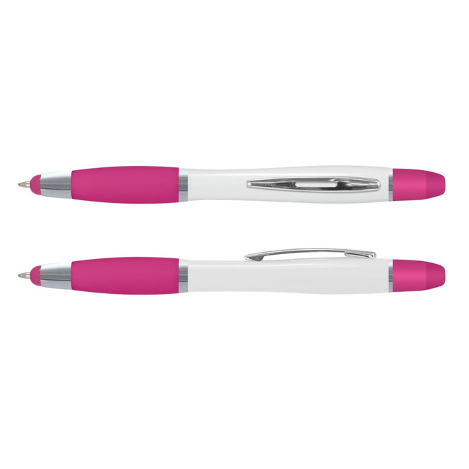 A multi-function pen with a white body and vibrant pink rubber grips. It features a silver clip and accents.