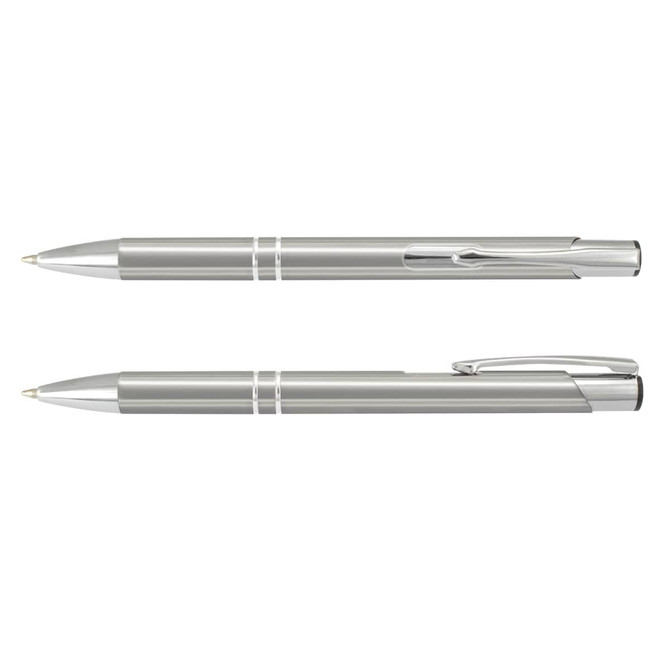 A metal pen in silver with a glossy finish, featuring a clip and decorative bands. Includes branding on the surface.