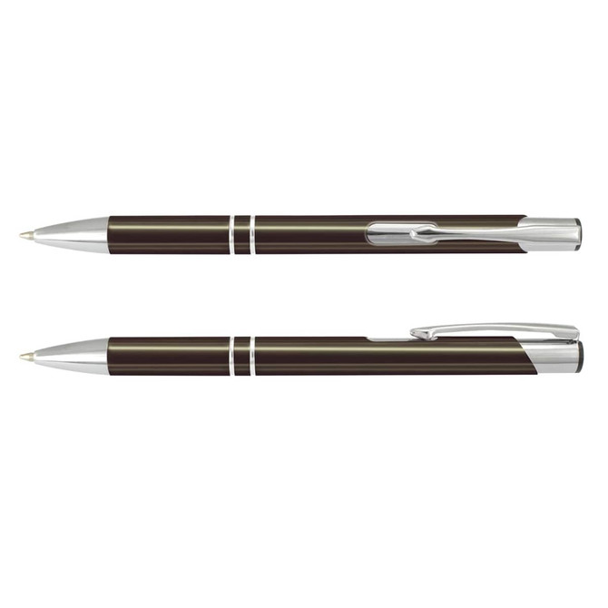A metal pen in black and silver, featuring a sleek design and metallic accents. It has a logo on the barrel.