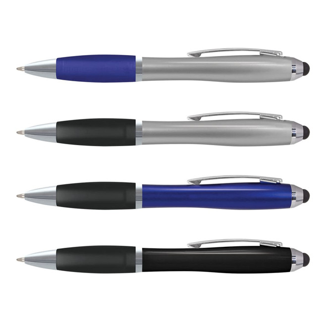 A set of four stylus pens in blue, silver, black, and matte black, featuring a branded logo on each pen.