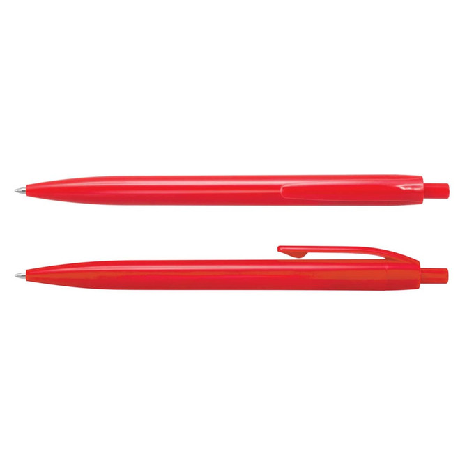 A pair of red plastic pens with a smooth finish and click mechanism, featuring a logo on one.