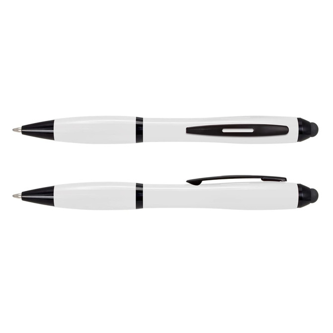 A stylus pen in white and black, featuring a smooth barrel and a sleek design, with a brand logo present.