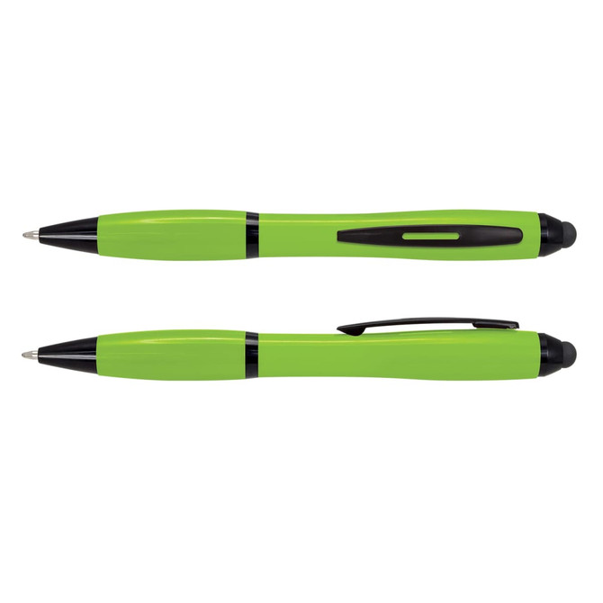 A green stylus pen with black accents and a sleek design, featuring both a ballpoint and stylus tip.