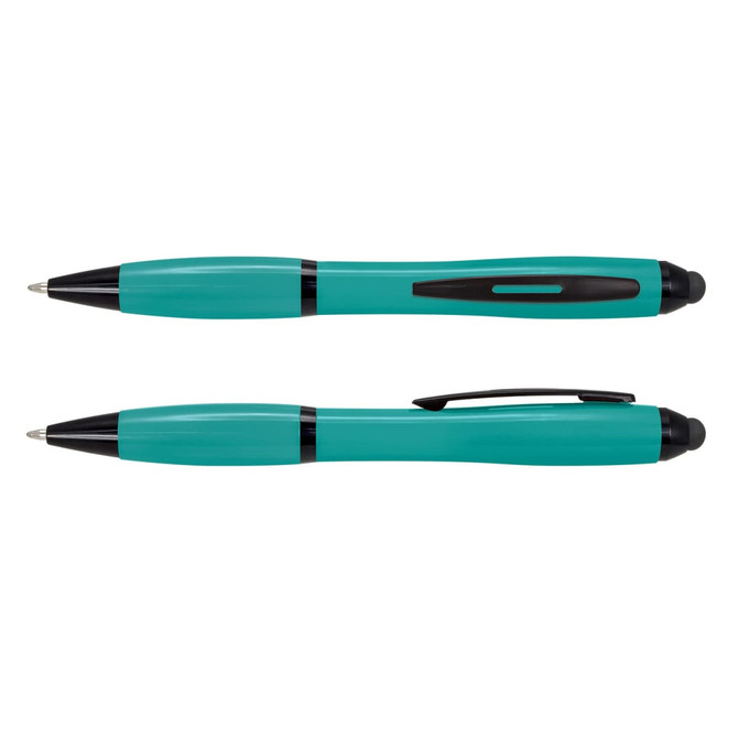 A teal stylus pen with a black tip and clip, featuring a smooth, rounded design and a contrasting grip.
