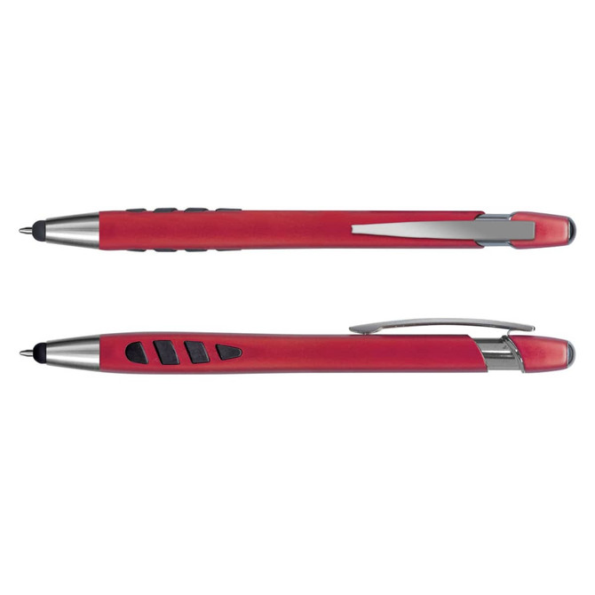 A red plastic stylus pen with silver accents and a retractable design, featuring a grip and a clip for convenience.
