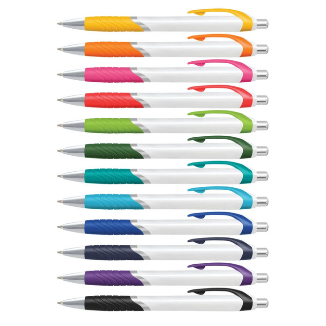 Assorted plastic pens with white barrels and vibrant coloured grips in orange, green, blue, purple, and more.