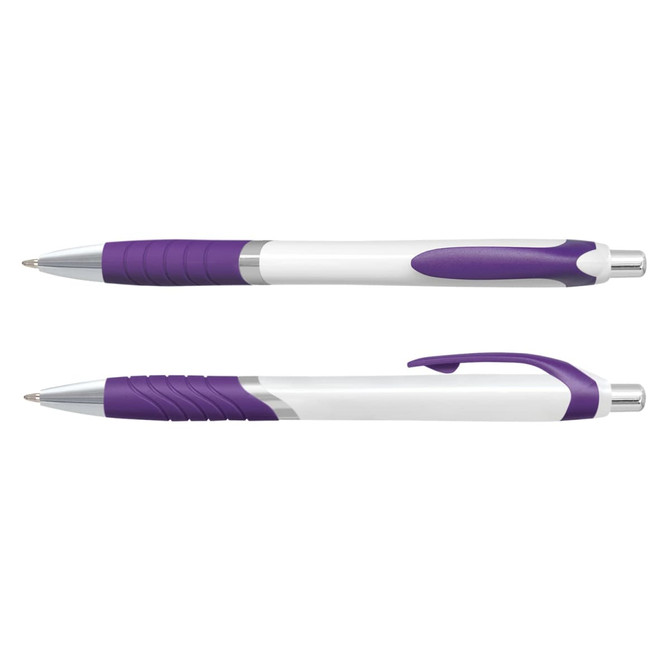 A white plastic pen with purple accents, featuring a rubber grip and a chrome clip, showcasing a sleek design.