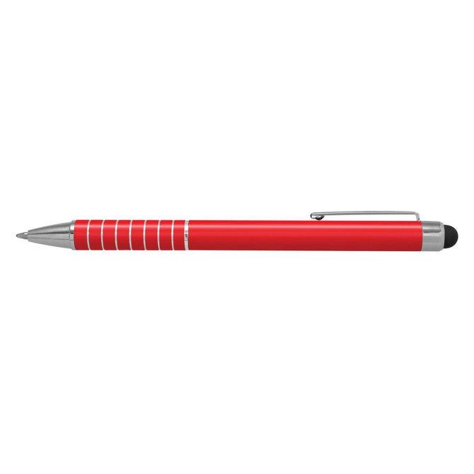A red stylus pen with silver accents and a rubber tip for touchscreen use. It features a sleek design.