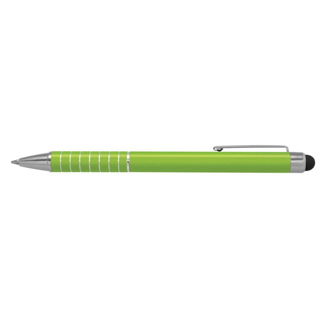 A green stylus pen with silver accents and a clip, featuring a black tip for touchscreens.