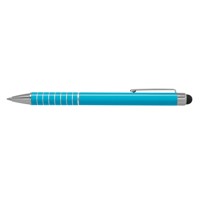 A turquoise stylus pen with silver accents and a clip, featuring a rubber tip for touchscreen use.