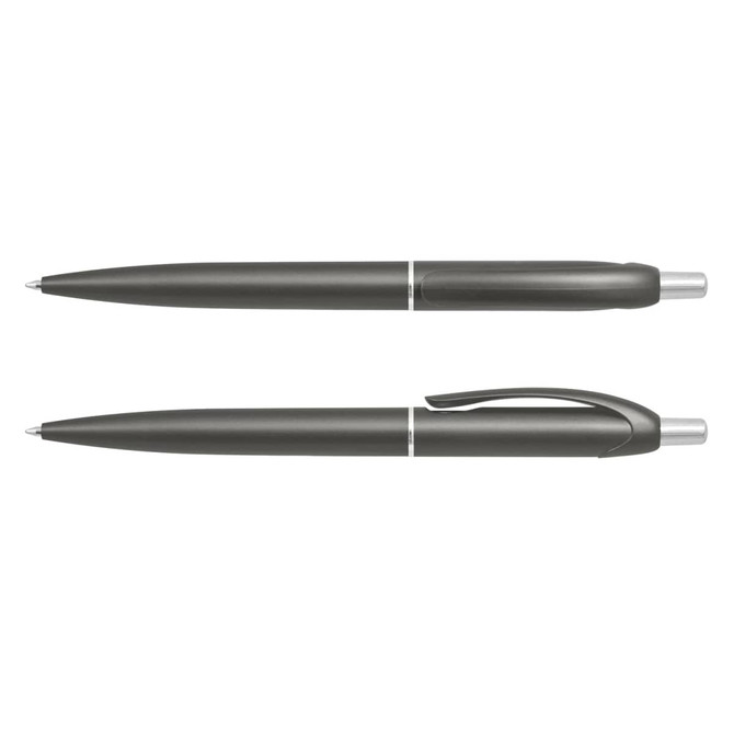 Two grey plastic pens with silver accents and clip. One pen is capped while the other has a visible nib.