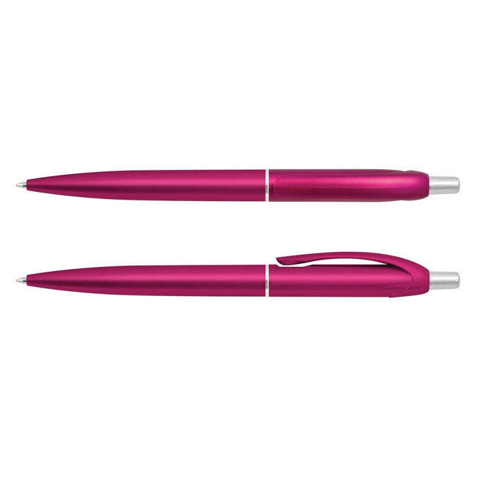 Two pink plastic pens are displayed, featuring sleek designs and silver accents. Each pen has a branding logo.